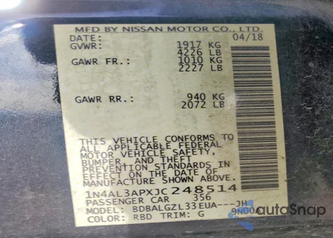 2018 Nissan Altima 2.5 z USA, uszkodzony, nr VIN 1N4AL3APXJC248514